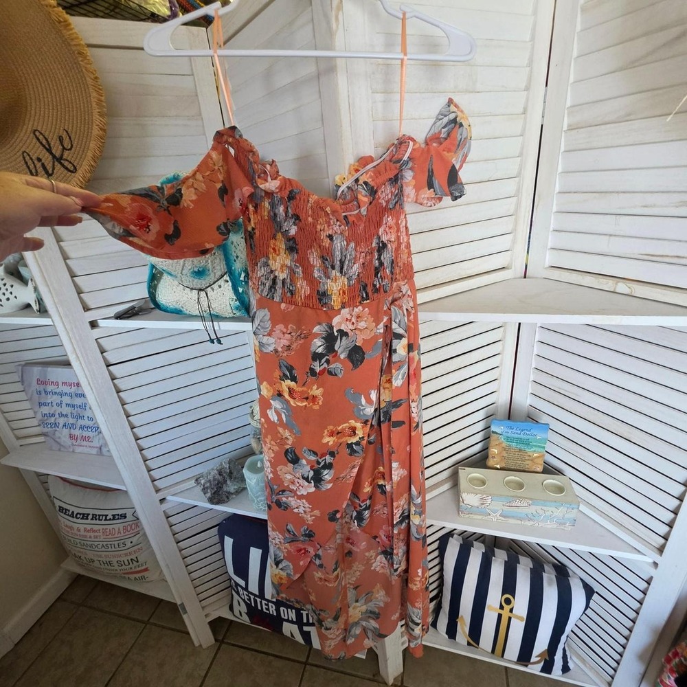 Love Tree Orange Floral Smocked Wrap Maxi Dress Size M Ruffle Boho Cottagecore